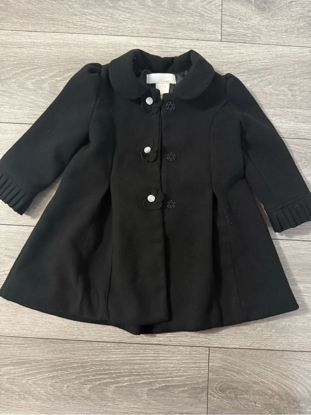 Camilla Black Girls' Pea Coat with Decorative Buttons